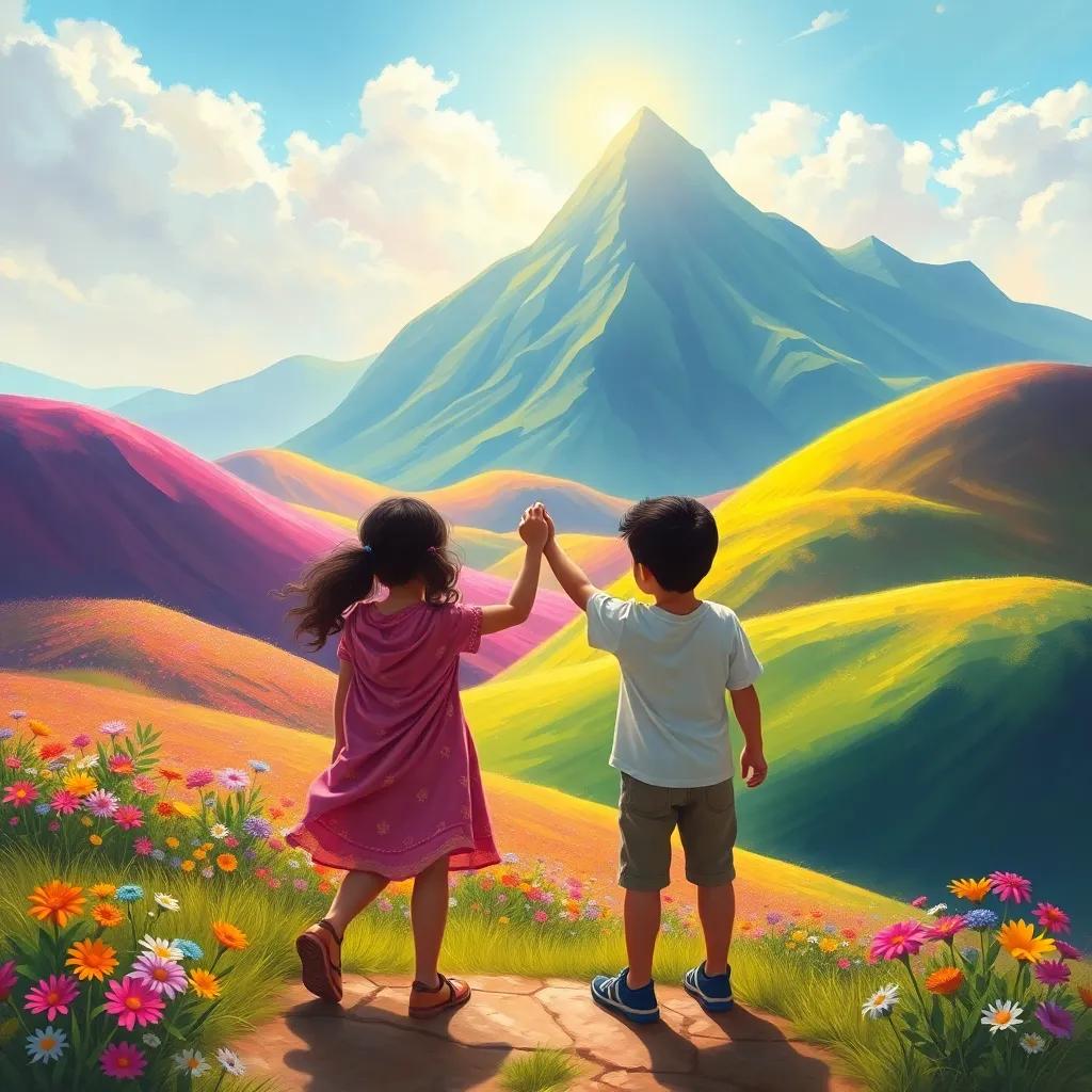 A magical land named Alwaniya, with colorful hills and bright flowers, two children, Lina and Sami, holding hands, excitedly looking towards a mountain, digital art, vibrant colors, cheerful atmosphere, high quality