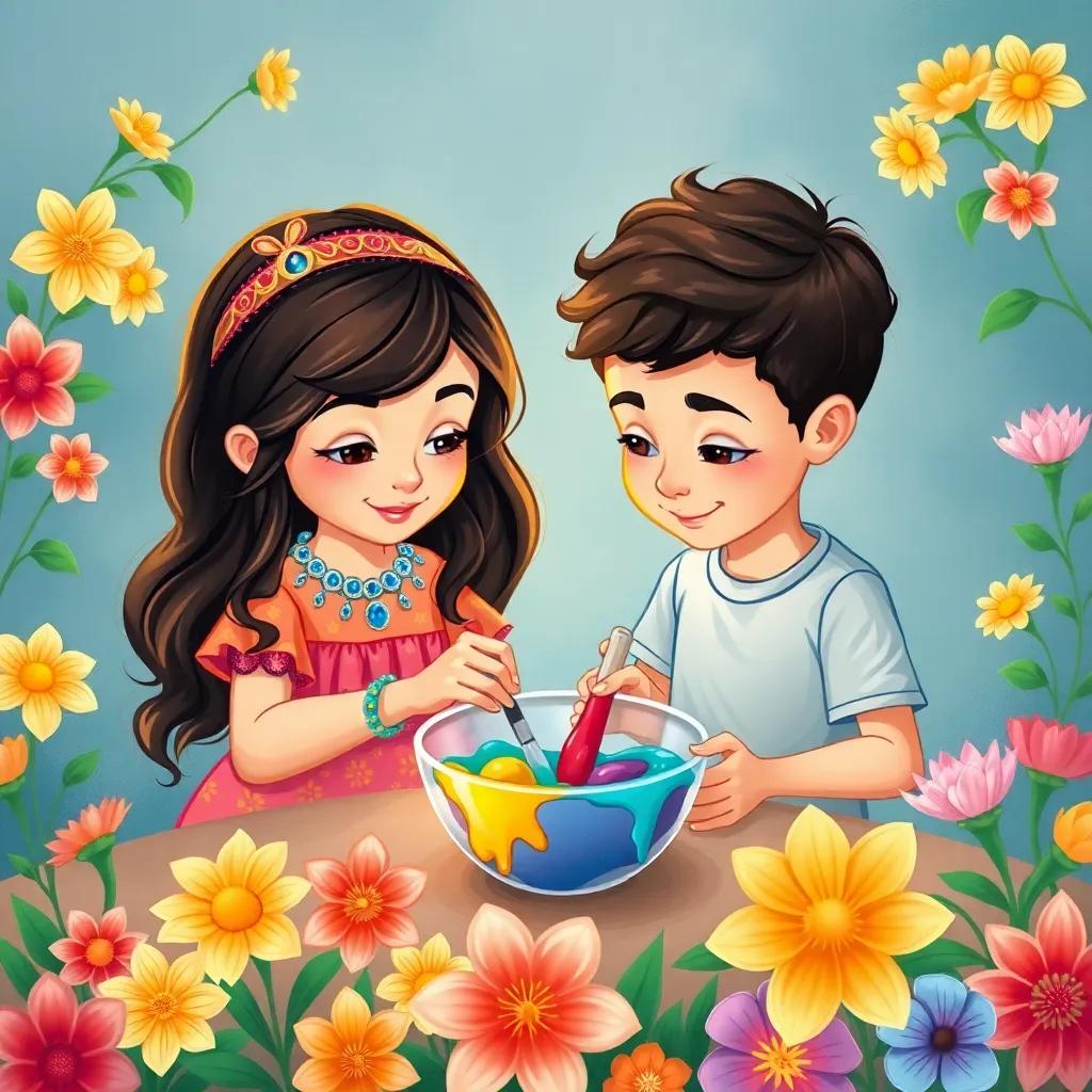 Lina, a young Arab girl, with long dark hair wearing a bright dress, and Sami, a young Arab boy, with short curly hair wearing a t-shirt, mixing colorful paints in a small bowl surrounded by flowers, illustration, bright and playful colors, creativity theme, child-friendly