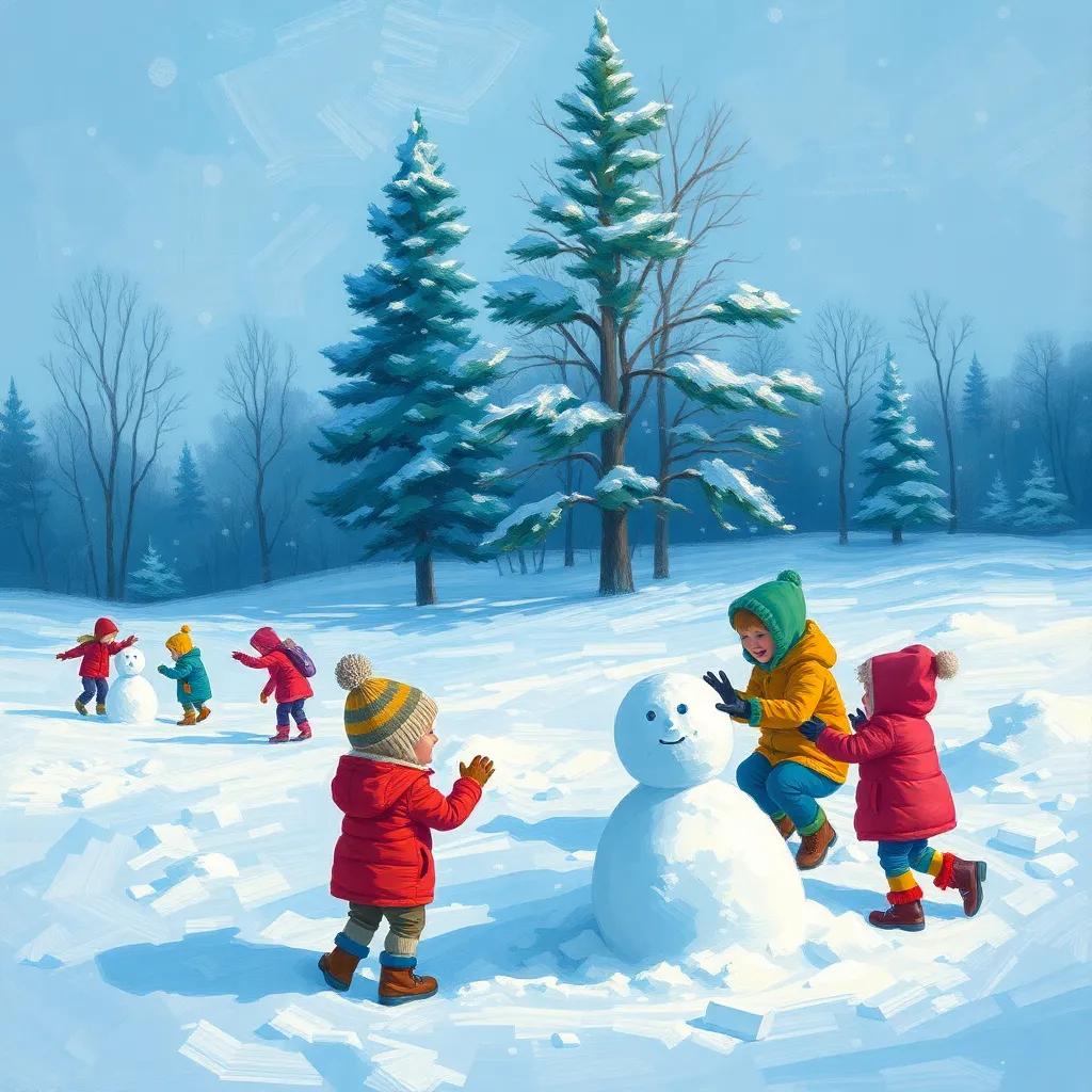 A winter scene with snow covering the ground, children playing joyfully, building snowmen, with trees in the background, digital art, bright colors, cheerful atmosphere