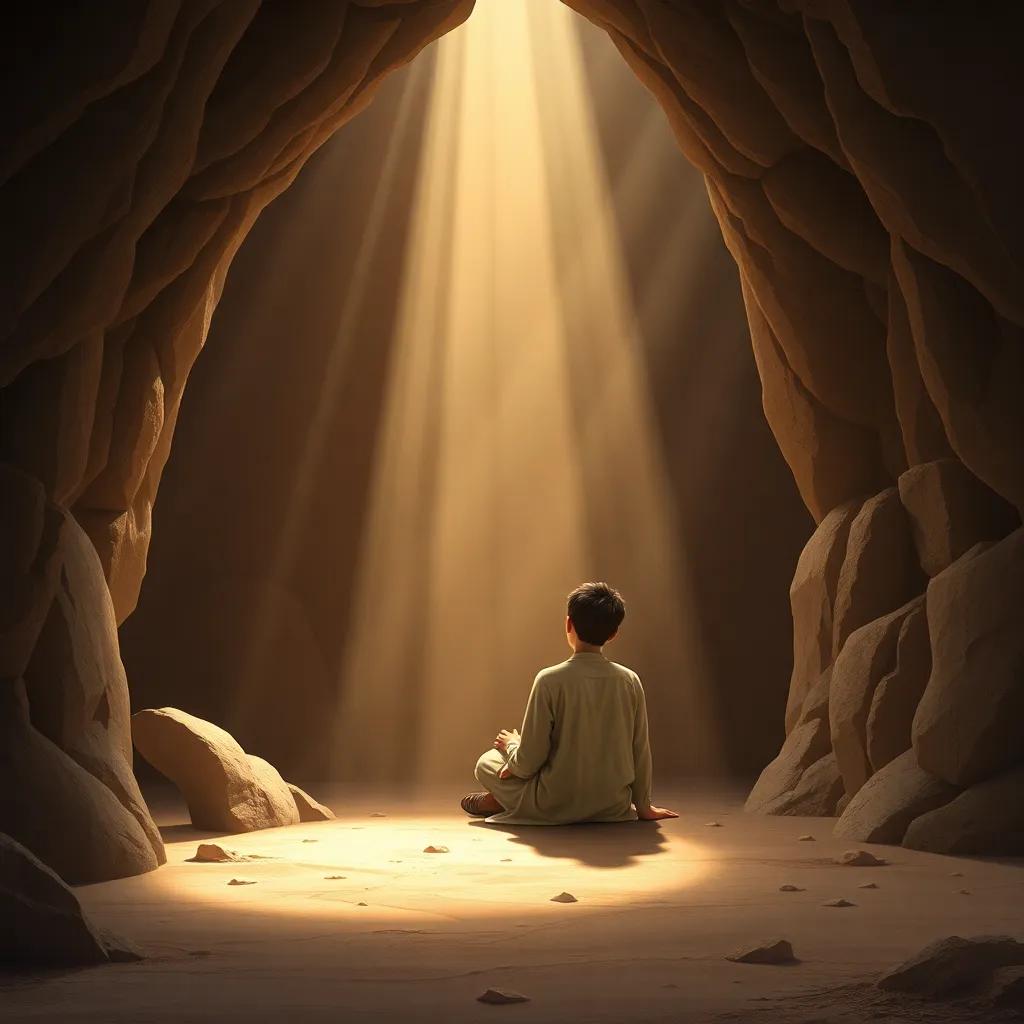 A young Arab boy, Muhammad, sitting in the quiet cave of Hira, deep in thought, as rays of light begin to shine down from above, digital art, soft colors, peaceful atmosphere, high quality