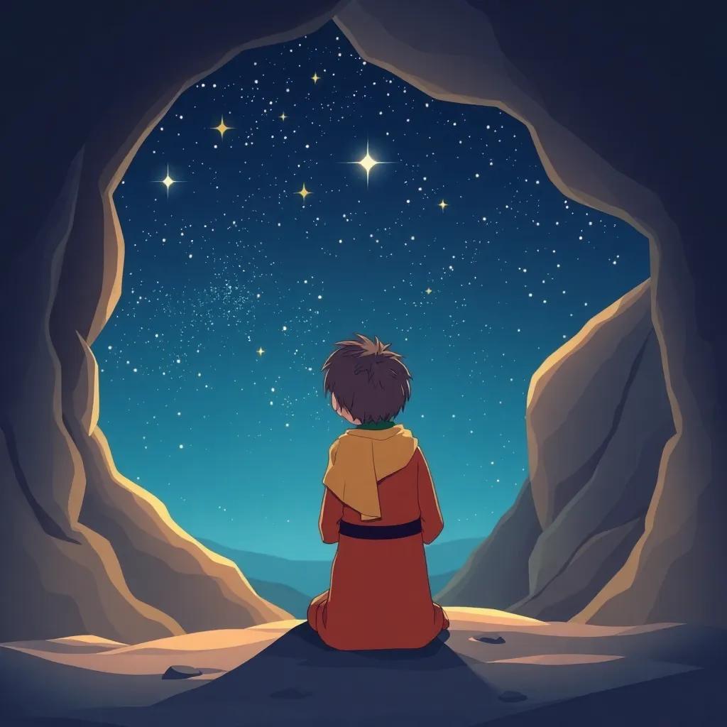 Muhammad, a young Arab boy, gazing at the bright stars in the night sky from the cave of Hira, reflecting on his thoughts and the message of light, illustration, dreamy, inspiring scene, cheerful colors, uplifting imagery