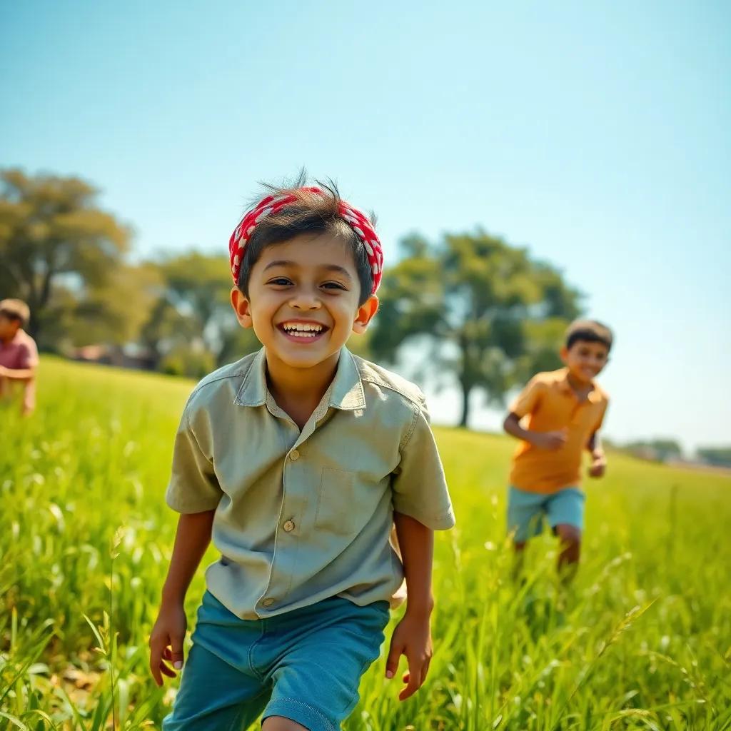 A cheerful young Arab boy, Ali, wearing a simple shirt and shorts, happily playing with his friends in a green field, bright sunshine and blue sky, vibrant colors, joyful atmosphere, high quality