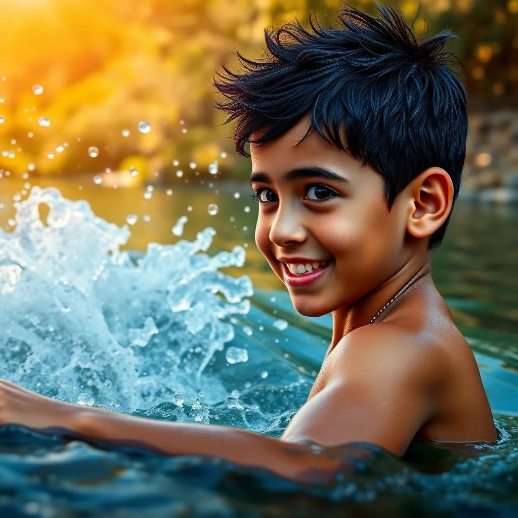 A young Arab boy, Ali, with a happy expression, watching his friend Samer bravely dive into the river while splashing water around, nature background, colorful, sunny day, action scene, high quality