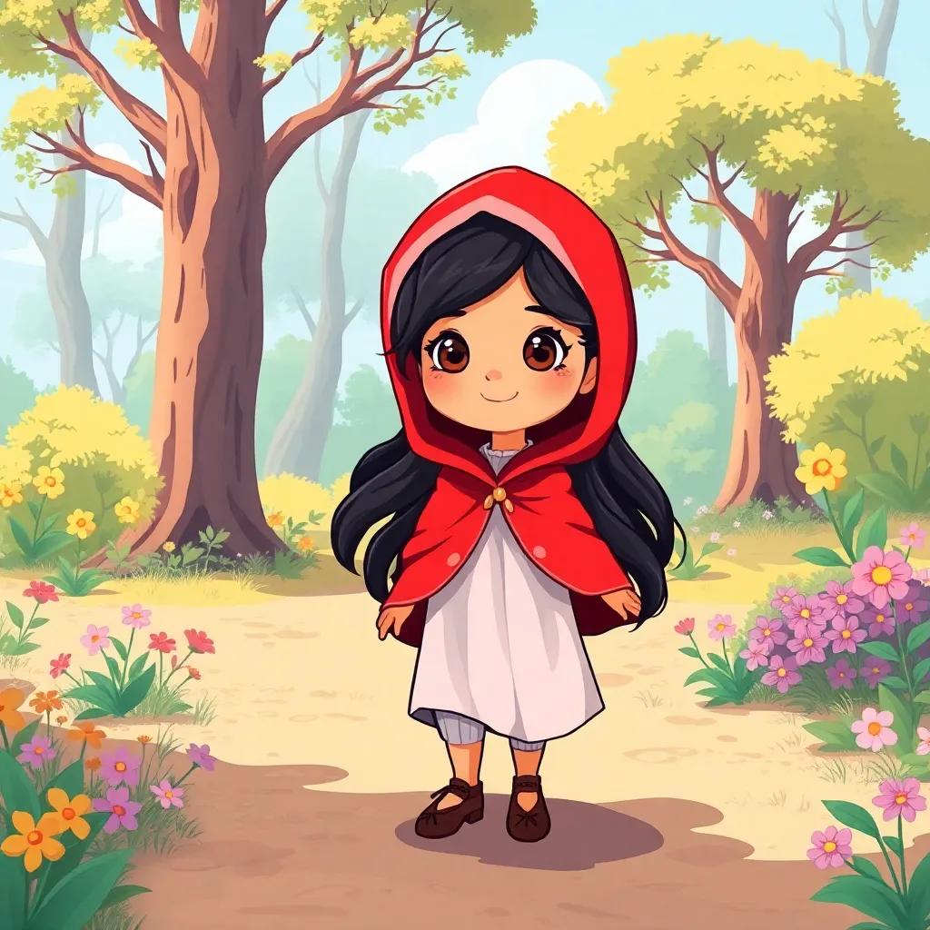 A young Arab girl, ليلى, with long dark hair, wearing a bright red hooded cloak, walking through a sunny forest with trees and flowers, digital art, vibrant colors, cheerful atmosphere, high quality