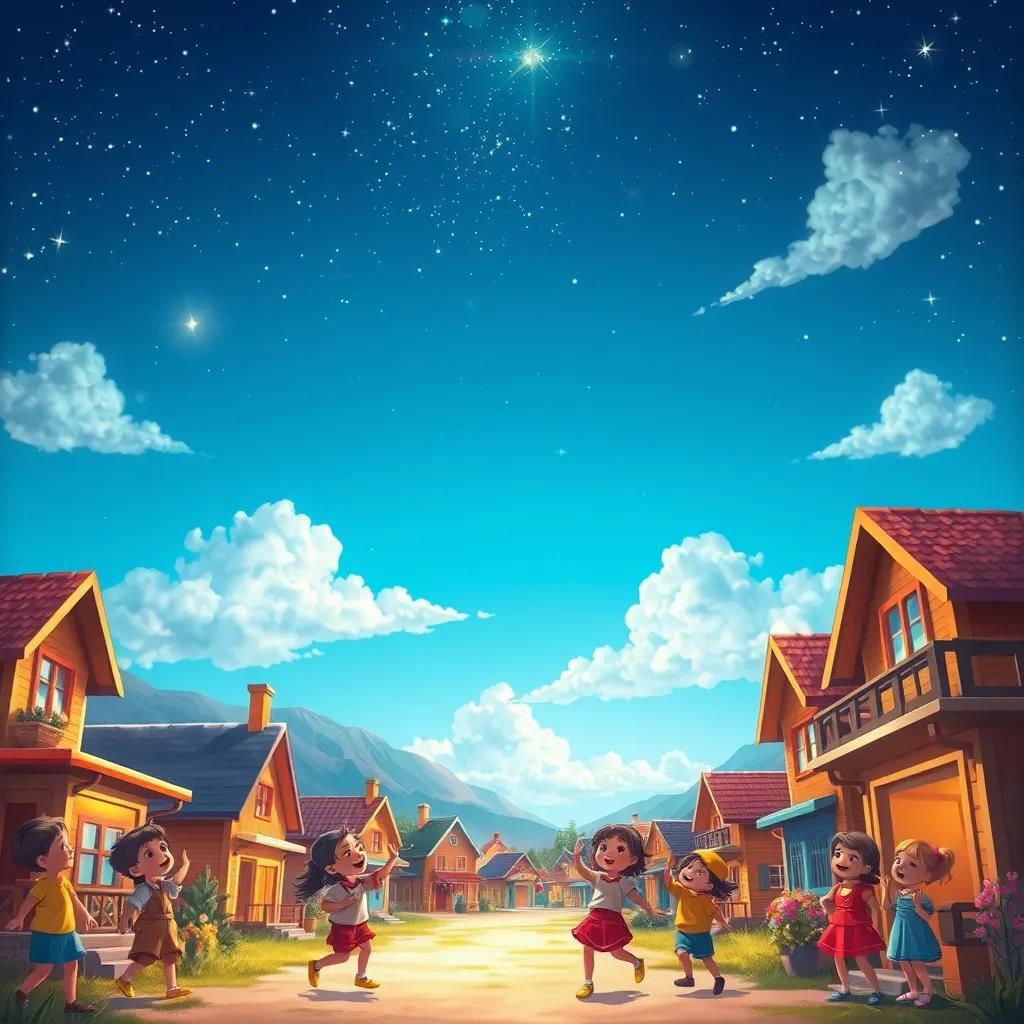 A beautiful village with a clear blue sky and twinkling stars, children playing and singing joyfully, colorful houses in the background, digital art, vibrant colors, warm and cheerful atmosphere, high quality