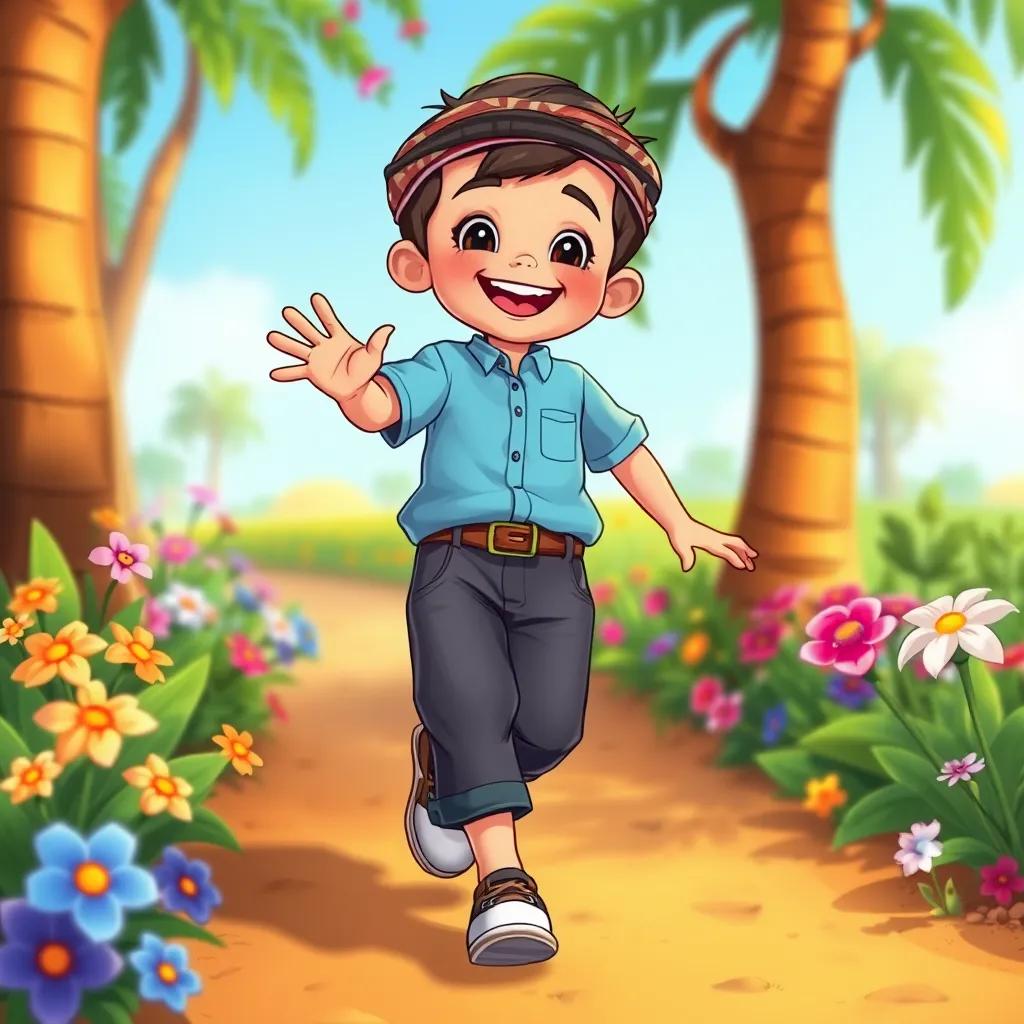 Ahmed, a small Arab boy, wearing a blue shirt, walking with joyful steps, surrounded by flowers and trees, expressing happiness, colorful illustration, cheerful, child-friendly, high quality