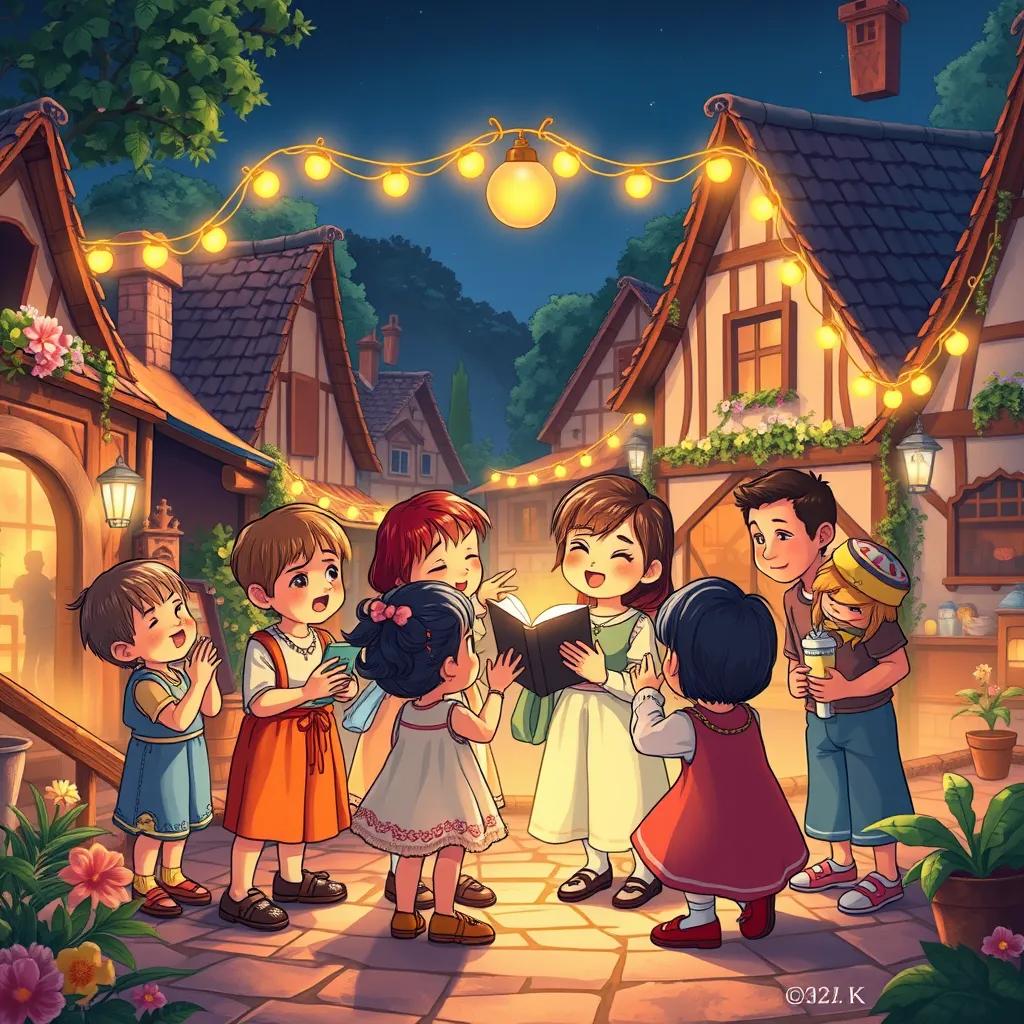 Children gathered in a village square, singing a heartfelt song together, decorated with lights and flowers, warm lighting, joyful ambiance, illustration, lively and colorful, high quality
