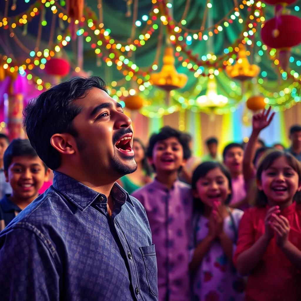 A festive celebration with beautiful decorations and colorful lights, children dancing and singing, happy faces, Ahmed in the front singing loudly, joyful atmosphere, vibrant colors, warm light, high quality