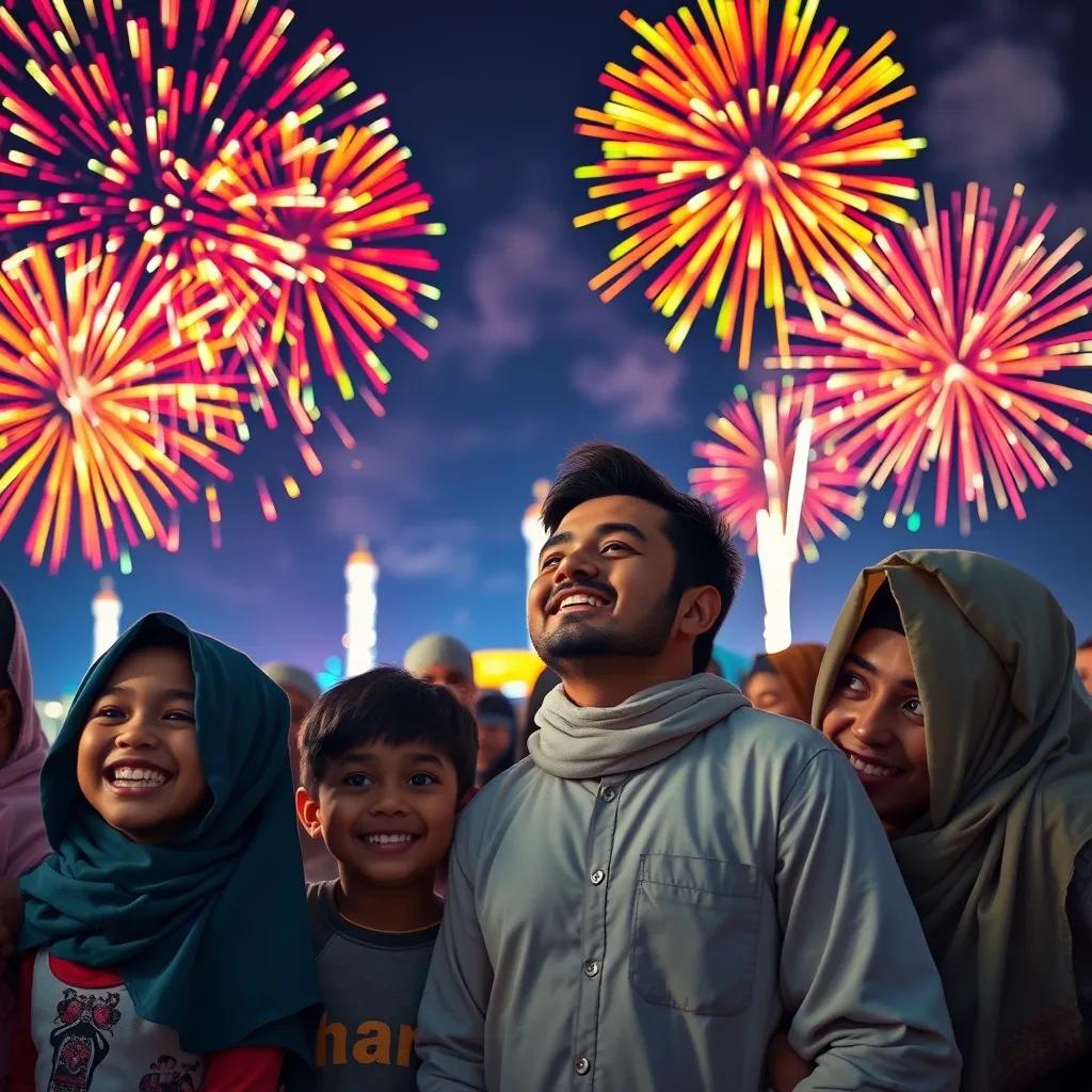 Colorful fireworks illuminating the night sky, children smiling with joy, Ahmed looking proud, surrounded by friends celebrating love for the prophet, bright colors, festive, high quality