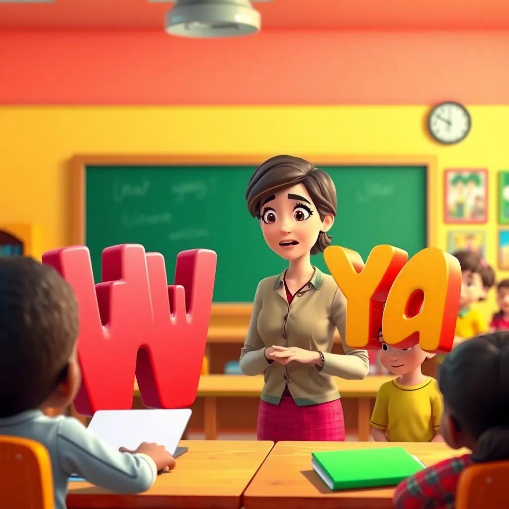 A classroom scene with a teacher, a female teacher explaining to the letters waw and ya, with expressions of concern and confusion. Colorful classroom, kids in the background, digital art, engaging and cheerful atmosphere, vibrant colors, high quality
