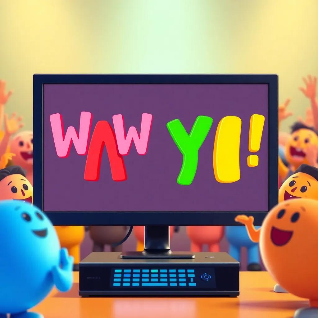 A lively competition scene where letters waw and ya are competing on a computer screen. Excited letters cheering in the background, colorful digital art, energetic vibe, bright colors, high quality.