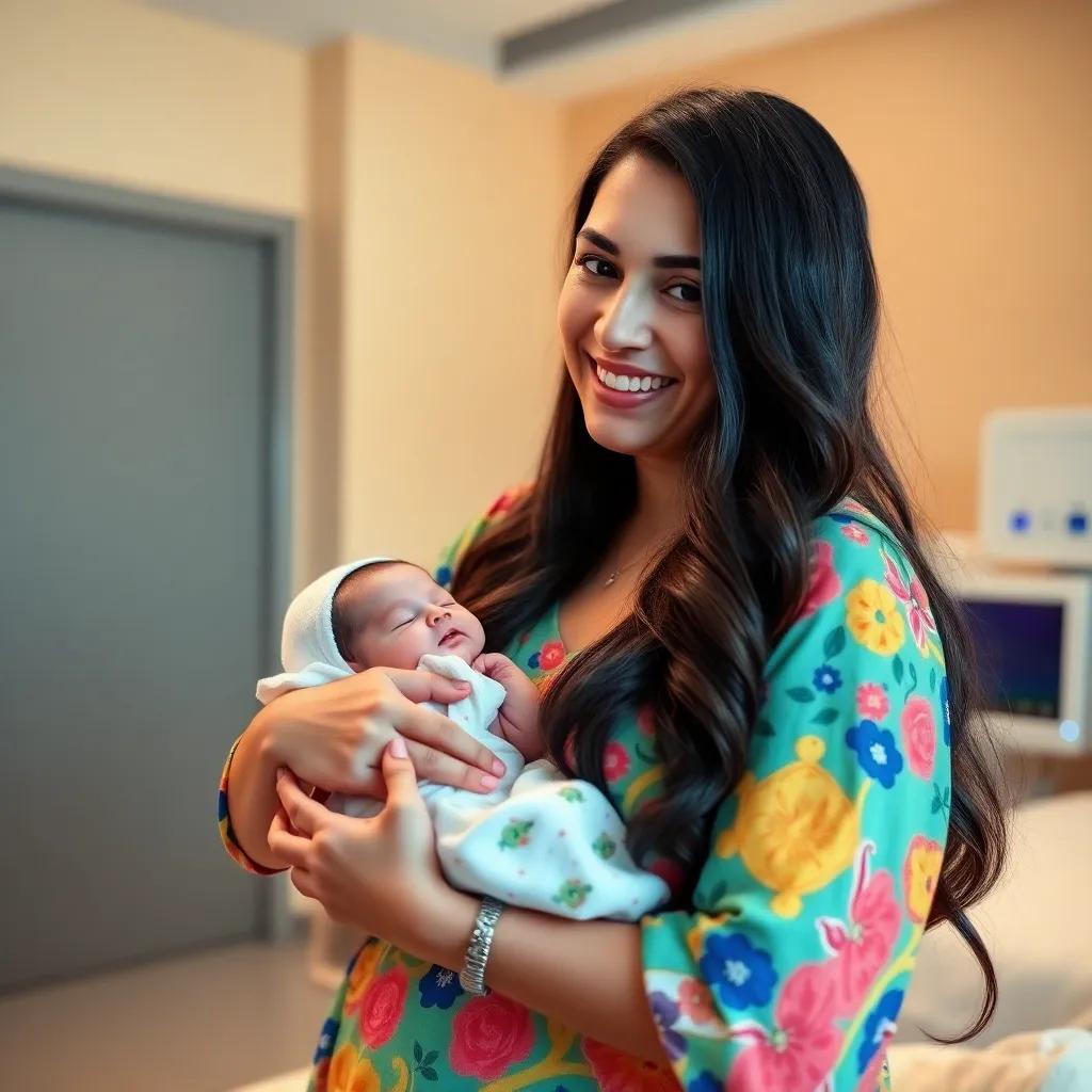 A happy woman, Khaled, with long dark hair wearing a colorful dress, smiling while holding her newborn baby in a brightly lit hospital room, digital art, warm colors, joyful atmosphere, high quality