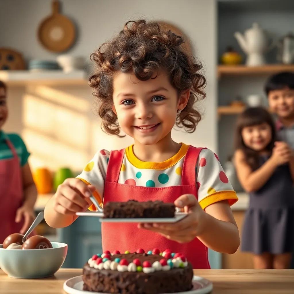 A young girl, Wala, with curly brown hair and wearing a colorful school uniform, baking chocolate cake in a cozy kitchen, surrounded by happy friends, bright colors, cheerful setting, high quality