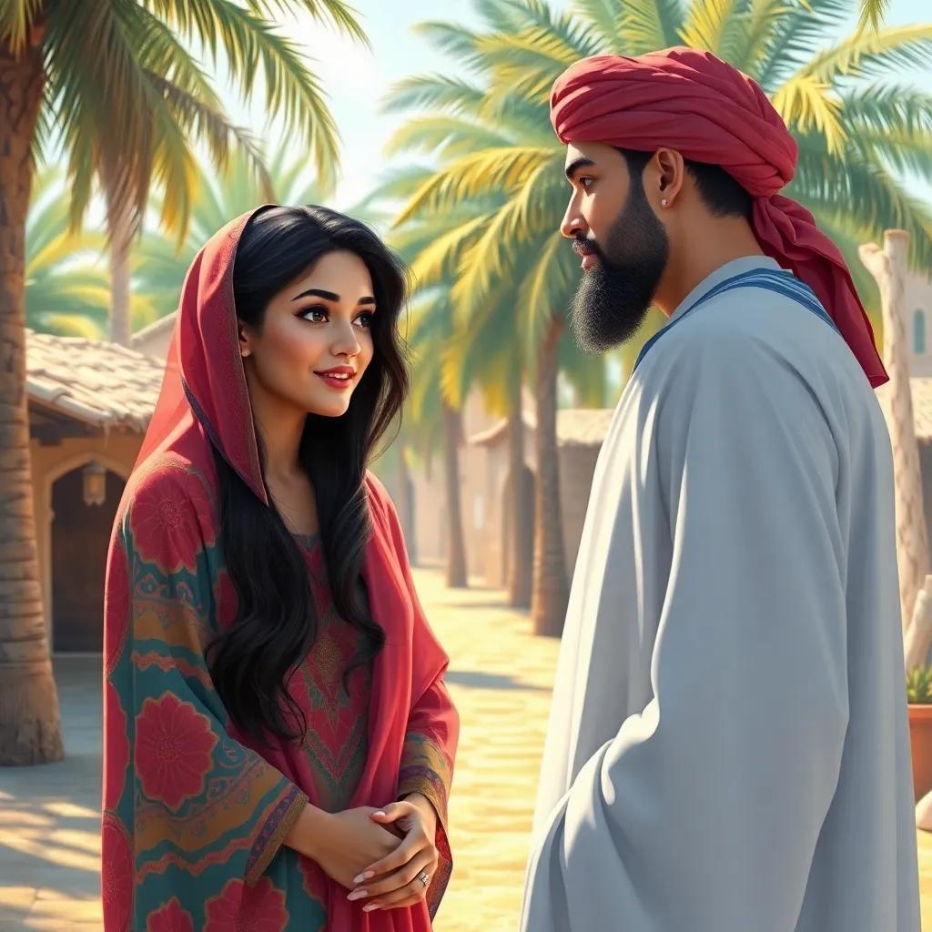 A young Arab woman, Rena, with long dark hair, wearing a colorful abaya, talking to her husband, a wise judge, in their quaint village by the palm trees, digital art, bright and cheerful colors, warm light, engaging perspective, high quality