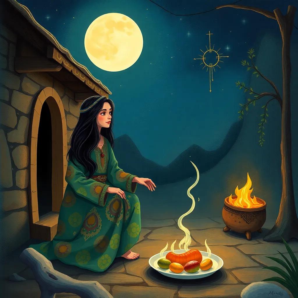 Rena, a young Arab woman with long dark hair in a colorful abaya, setting up a trap with a plate of food outside her home at night, surrounded by the moonlight and stars, illustration, mysterious and adventurous, child-friendly, inviting atmosphere