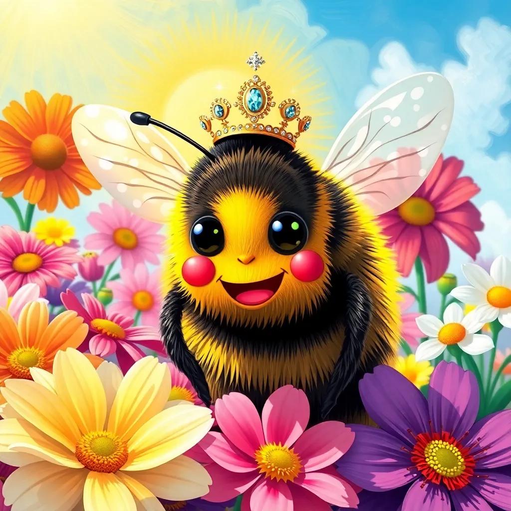 A sunny spring day with a happy queen bee, wearing a sparkling crown, surrounded by colorful blooming flowers, digital art, bright colors, cheerful atmosphere, high quality