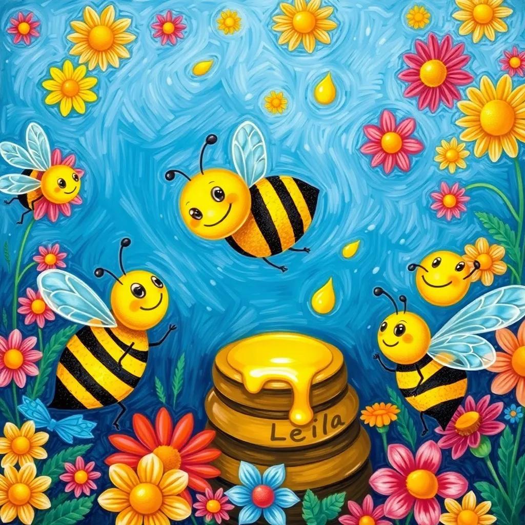 A group of lively bees including a small bee named Leila, dancing around colorful flowers, filling a honeycomb with golden honey, vibrant scenery, joyful celebration, child-friendly, illustration