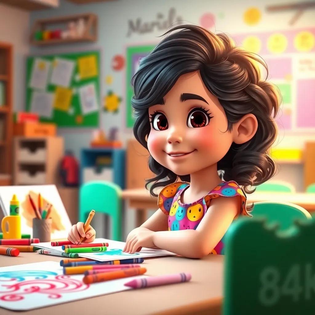 A young girl, Mariam, with wavy dark hair wearing a colorful dress, sitting at her art table with bright crayons and big, colorful drawings, cheerful classroom background, digital art, vibrant colors, warm light, engaging atmosphere, high quality