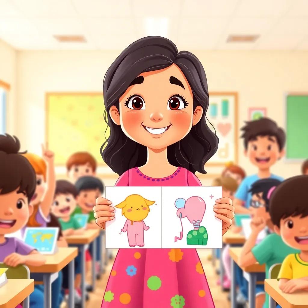 Mariam, a young girl with wavy dark hair in a colorful dress, proudly showing her colorful drawings to her excited classmates in a bright classroom, joyful and friendly, illustration, uplifting vibe, child-friendly