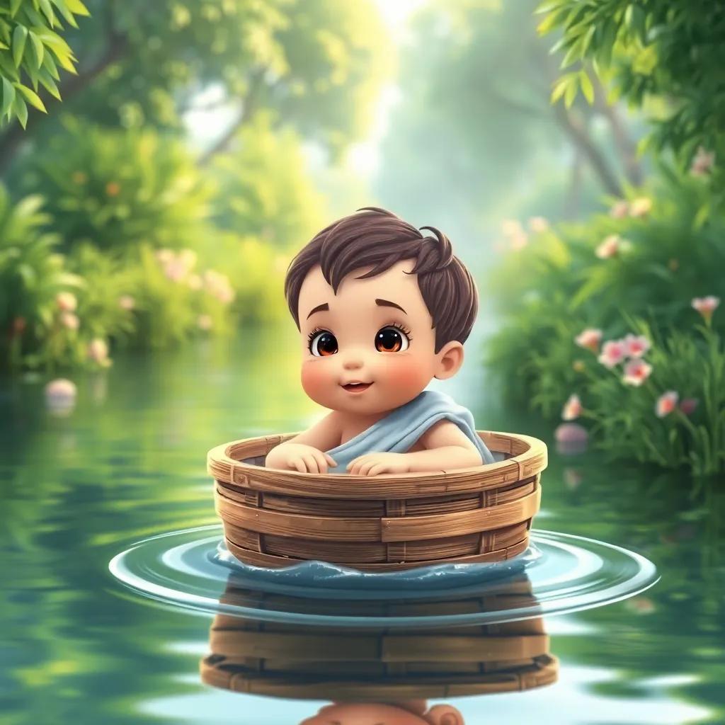A beautiful scene of a young baby Moses in a small wooden basket floating on the Nile River, with lush greenery on the banks, magical atmosphere, pastel colors, heartwarming view, high quality