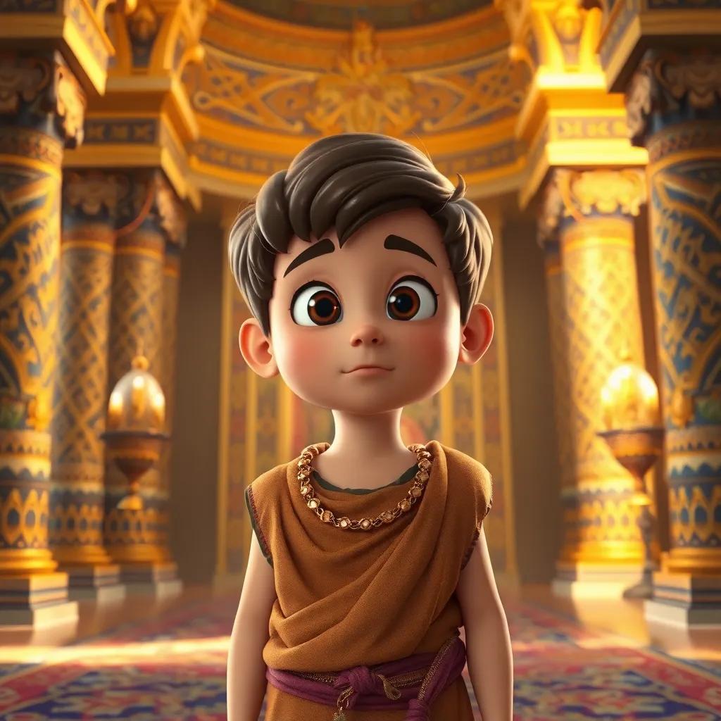 Moses as a young boy in the luxurious palace of Pharaoh, looking curious and thoughtful, adorned in simple royal clothing, surrounded by beautiful decorations, warm and inviting light, dynamic perspective, high quality