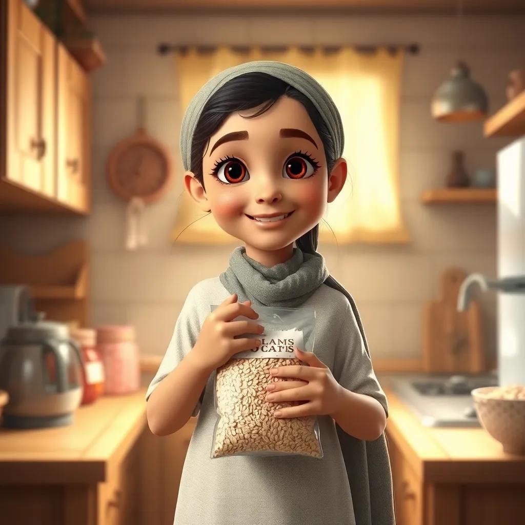 A young Arab girl, Shosho, standing in a warm kitchen holding a bag of oats, with a smile on her face, bright and inviting atmosphere, cozy kitchen, high quality