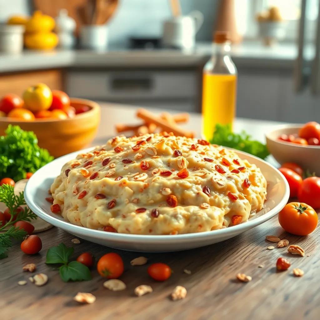 A plate of delicious oat qataif on the kitchen table, surrounded by colorful ingredients, with a soft light shining down, inviting texture, warm colors, high quality