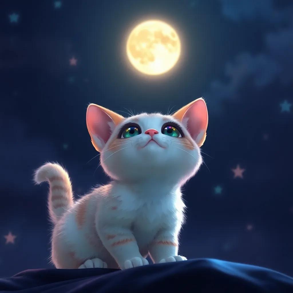 A small cat named ق with bright eyes and soft fur, looking up at the shining moon in a dark sky, digital art, vibrant colors, magical atmosphere, enchanting view, high quality