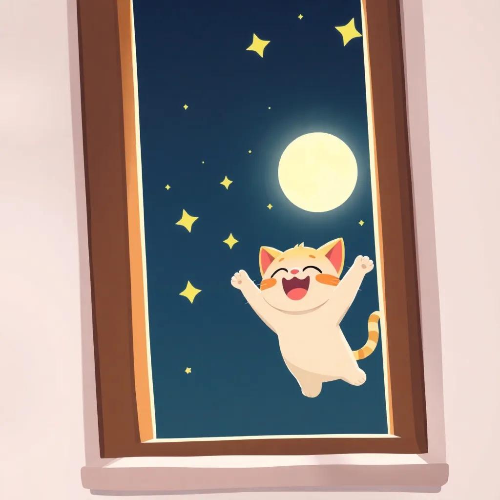 A small cat named ق jumping out of a window under the bright moonlight, stars twinkling around, joyful expression, illustration, cheerful, dynamic movement, child-friendly