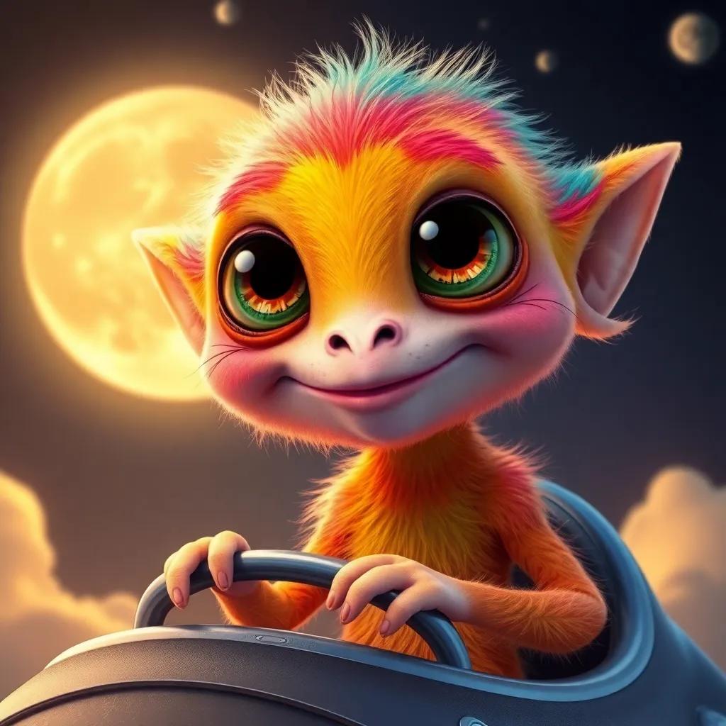 A strange alien creature with big eyes and colorful fur, smiling at ق, offering to take her on a spaceship ride to the moon, fantasy art, whimsical, friendly, warm light