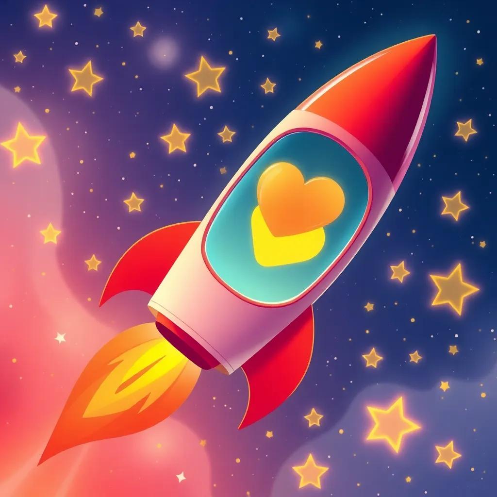 A beautiful rocket ship with ق inside, flying through a sea of stars, filled with joy and adventure, digital art, bright colors, uplifting scene, high quality