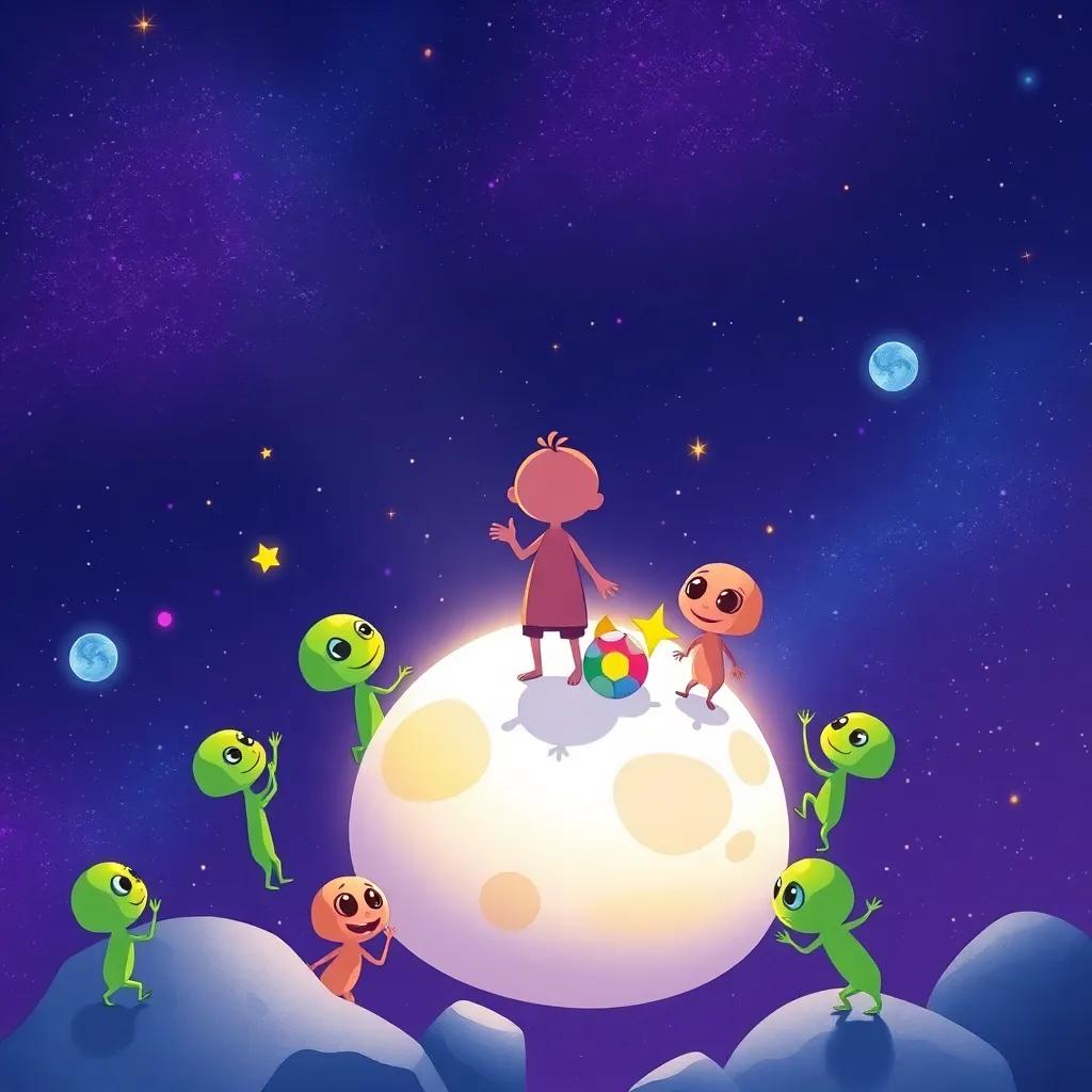 ق standing on the moon, surrounded by friendly alien friends playing with a colorful ball, laughter in the air, magical night sky, vibrant illustration, imaginative, playful scene