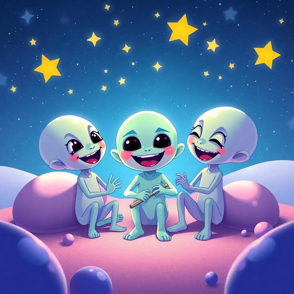 ق happily playing with the aliens, stars twinkling above, laughter and joy all around, delightful art, bright and inviting, child-friendly