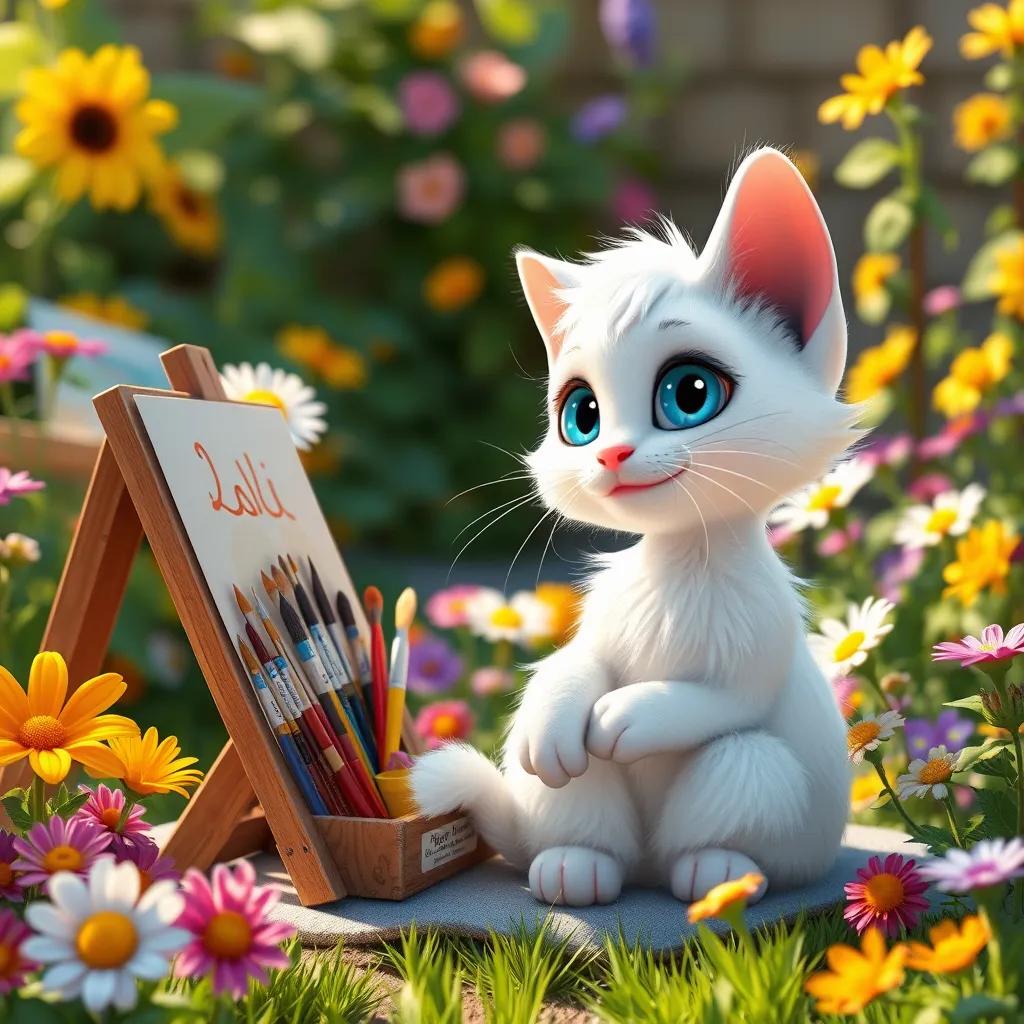 A small cat named Loli, with white fur and beautiful blue eyes, sitting in a sunny garden with her painting supplies, colorful flowers surrounding her, digital art, cheerful atmosphere, vibrant colors, inviting scene, high quality