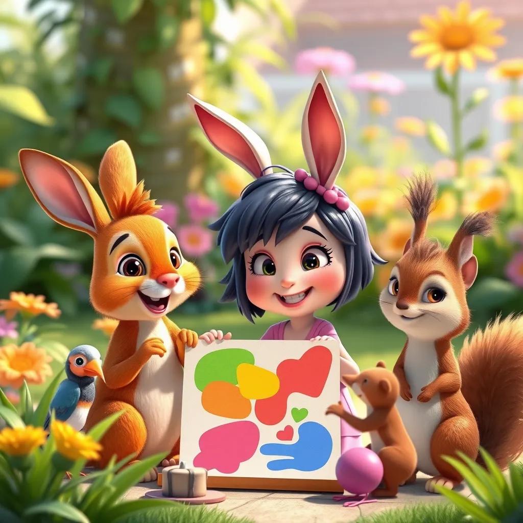 A group of animals, including a rabbit, a bird, and a squirrel, gathered around Loli, cheering and enjoying her artwork, colorful and joyful, friendly animals, bright garden background, heartwarming scene, high quality