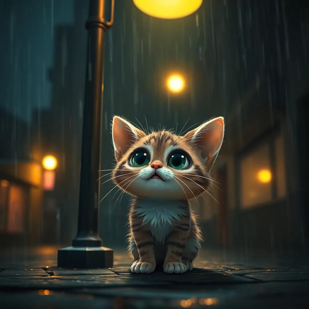 A small cat shivering under a street lamp, rain pouring heavily, fur getting wet, with wide eyes filled with fear, dark street environment, digital art, gloomy atmosphere, warm light around the lamp, high quality