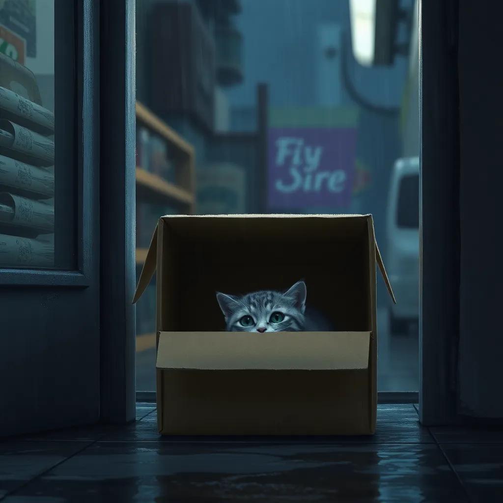A small cat sneaking into an old cardboard box at the entrance of a closed store, raindrops seeping through the box, looking hopeful and scared, rainy night, digital painting, dim light, soft focus, high quality