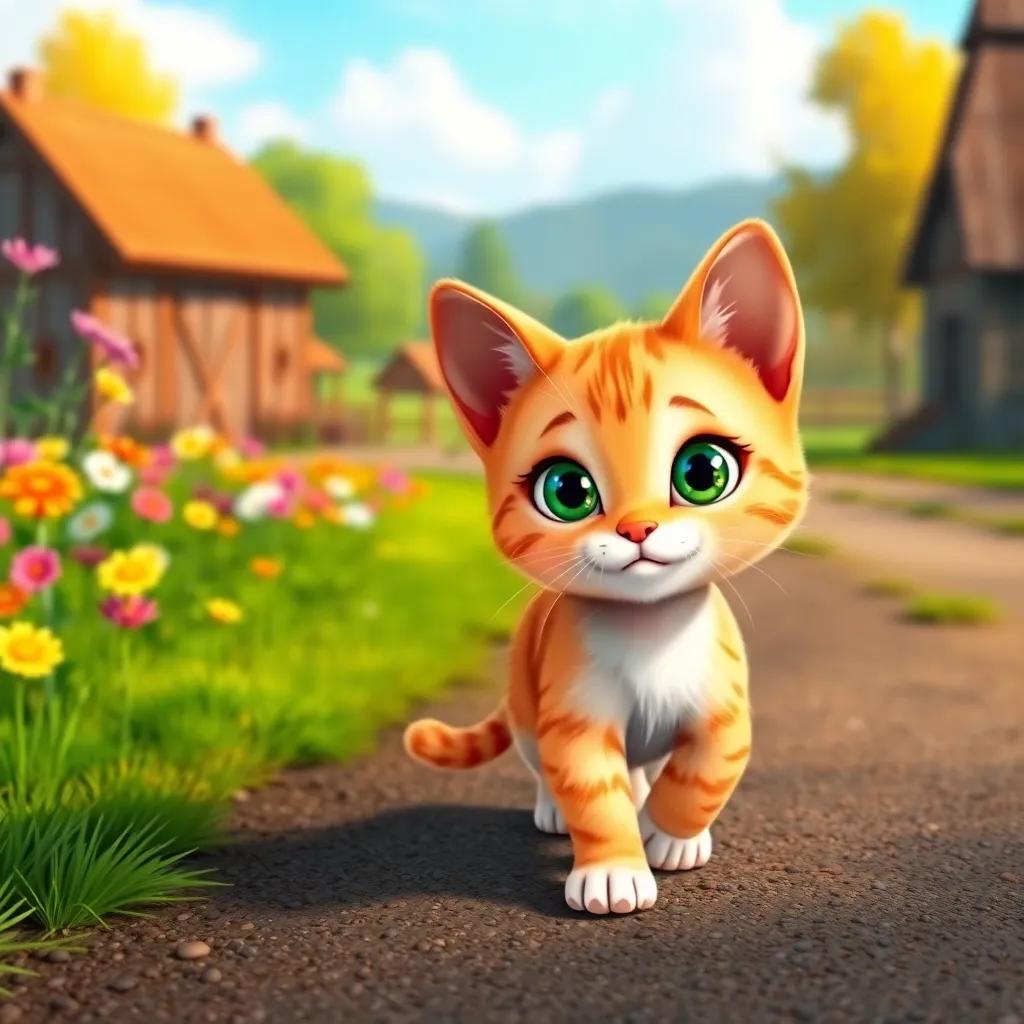 A small cat named Mia, with soft orange fur and bright green eyes, proudly walking towards a farm with flowers and trees in the background, digital art, colorful, cheerful atmosphere, high quality