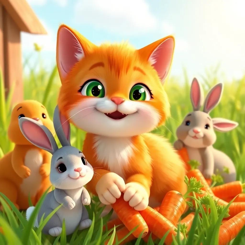 Mia the cat, with soft orange fur and bright green eyes, happily gathering carrots with a rabbit and other farm friends, surrounded by green grass and bright sunlight, illustration, fun, community theme, child-friendly