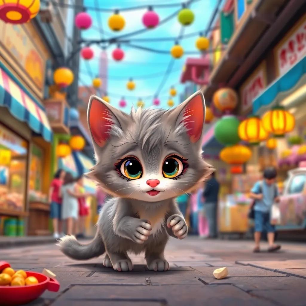 A small cat named Mia, with fluffy fur and bright eyes, searching for food in a busy street with colorful shops and people, digital art, vibrant colors, cheerful atmosphere, high quality