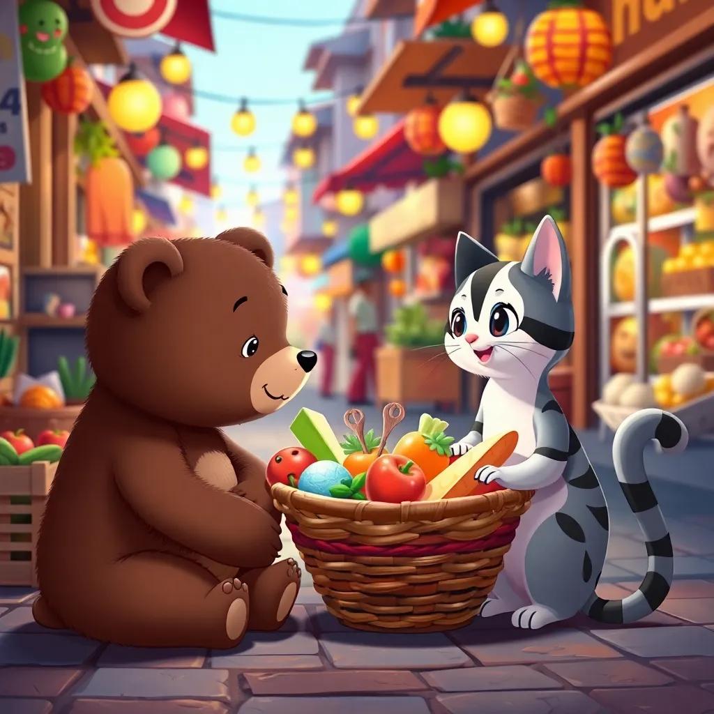 A small bear sitting next to Mia, the cat, looking at a colorful basket filled with delicious food, in a lively street, surrounded by happy shoppers, illustration, warm light, friendly vibe, child-friendly