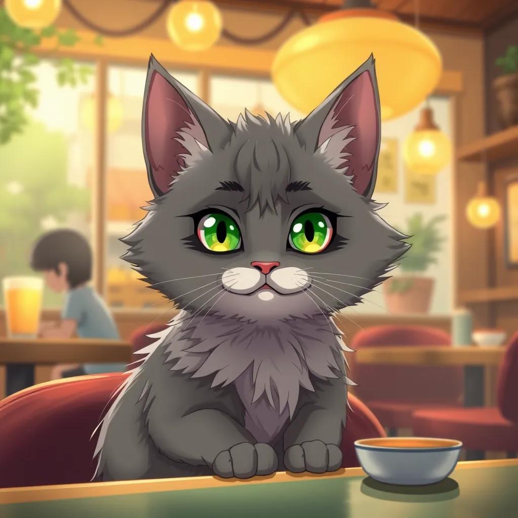 A clever cat, Mya, with fluffy grey fur and bright green eyes, sitting in a cozy restaurant, looking mischievous, digital art, warm lighting, inviting atmosphere, high quality