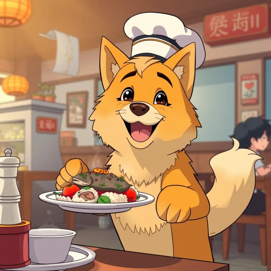 A happy dog, Rami, with golden fur and a chef's hat, serving a delicious fish meal to Mya in the restaurant, cheerful and friendly vibe, bright colors, high quality