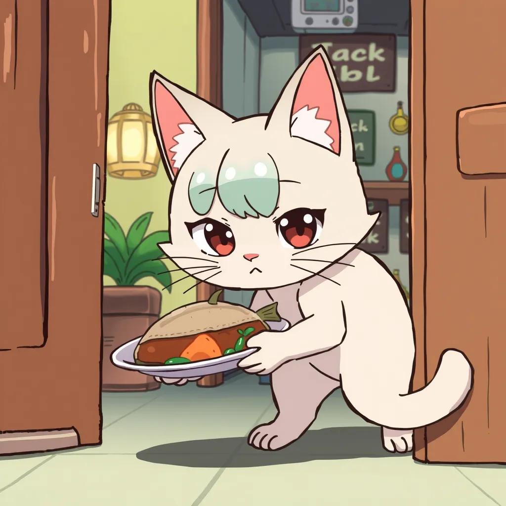 Mya, the cat, sneaking towards the exit of the restaurant with a fish dish in her paws, looking around cautiously, whimsical illustration, colorful, playful mood, high quality