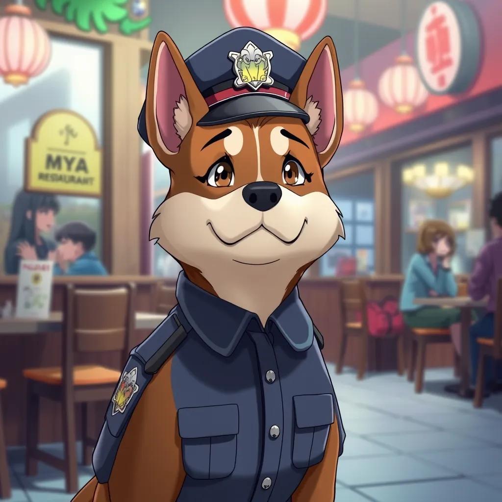 A police officer dog, in a police uniform and hat, arriving at the restaurant to arrest Mya, looking serious yet friendly, detailed art style, vibrant colors, high quality