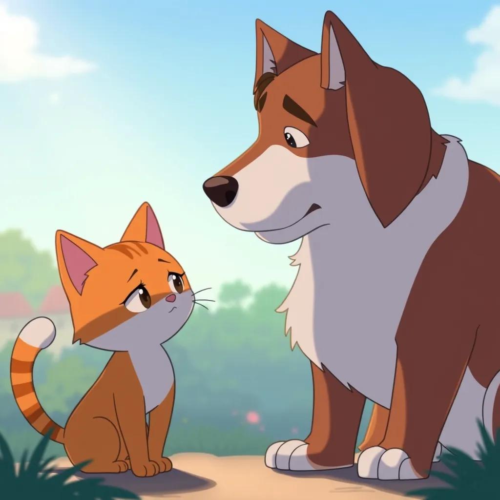 Mya, the cat, looking regretful as she stands in front of Rami, the dog, apologizing for trying to steal, warm and heartfelt scene, soft colors, high quality
