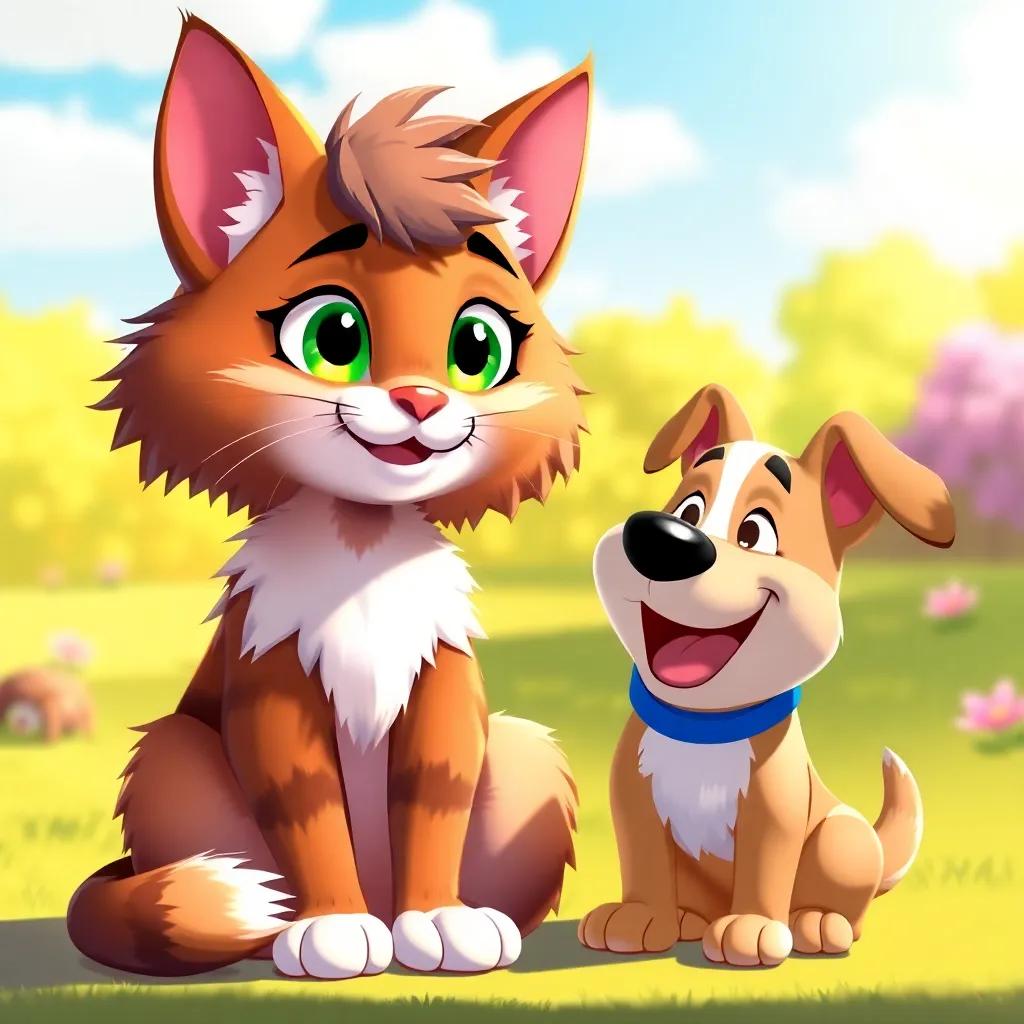 A funny cat, Mia, with fluffy fur and bright green eyes, sitting in the warm sunshine and talking to a laughing dog, vibrant colors, cheerful atmosphere, illustration, high quality