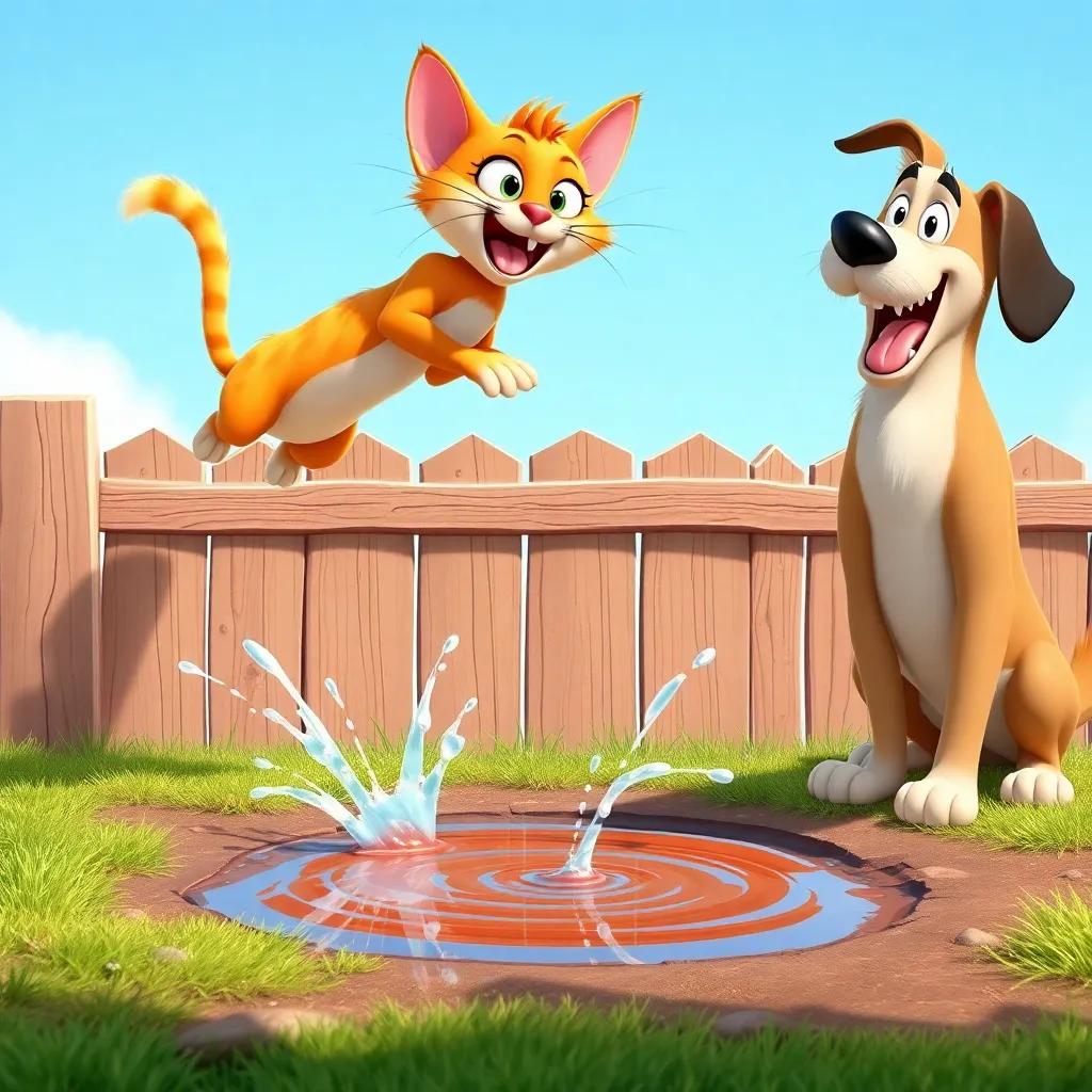 Mia the funny cat, leaping over a fence and landing in a small puddle, splashing water everywhere, while Bob the dog watches and laughs, bright colors, playful scene, digital art, high quality