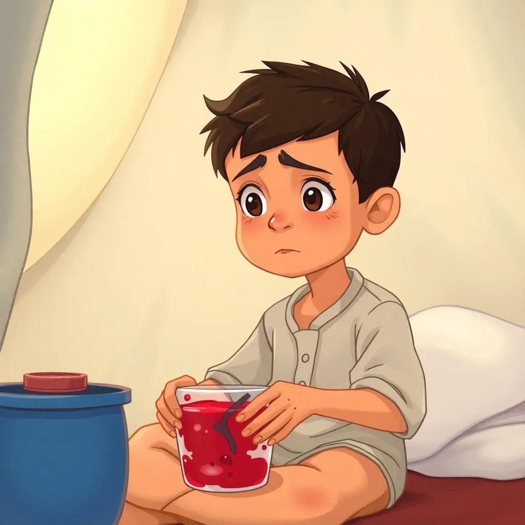 A young Arabic boy, with short dark hair, wearing a simple shirt, mixing red paint with water, with a worried expression on his face, sitting in a medical tent, trying to help his sick father, digital art, heartfelt, warm light, storytelling view, high quality