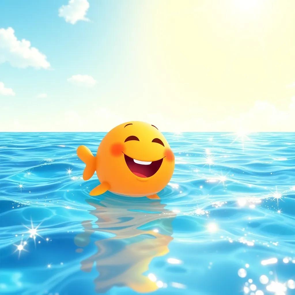 A bright sunny day at the sea, showing sparkling water droplets in the ocean, with a friendly atmosphere, digital art, vibrant colors, cheerful mood, high quality